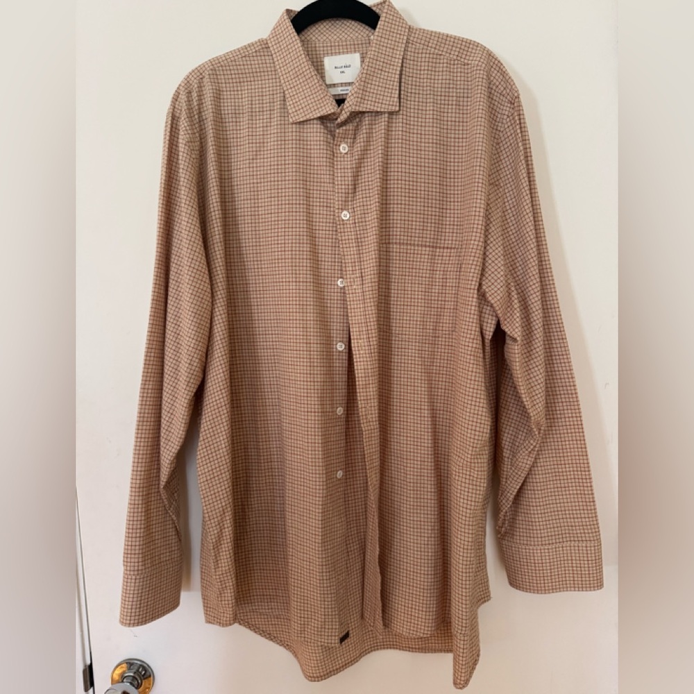 Billy Reid tan with dark red plaid casual button down